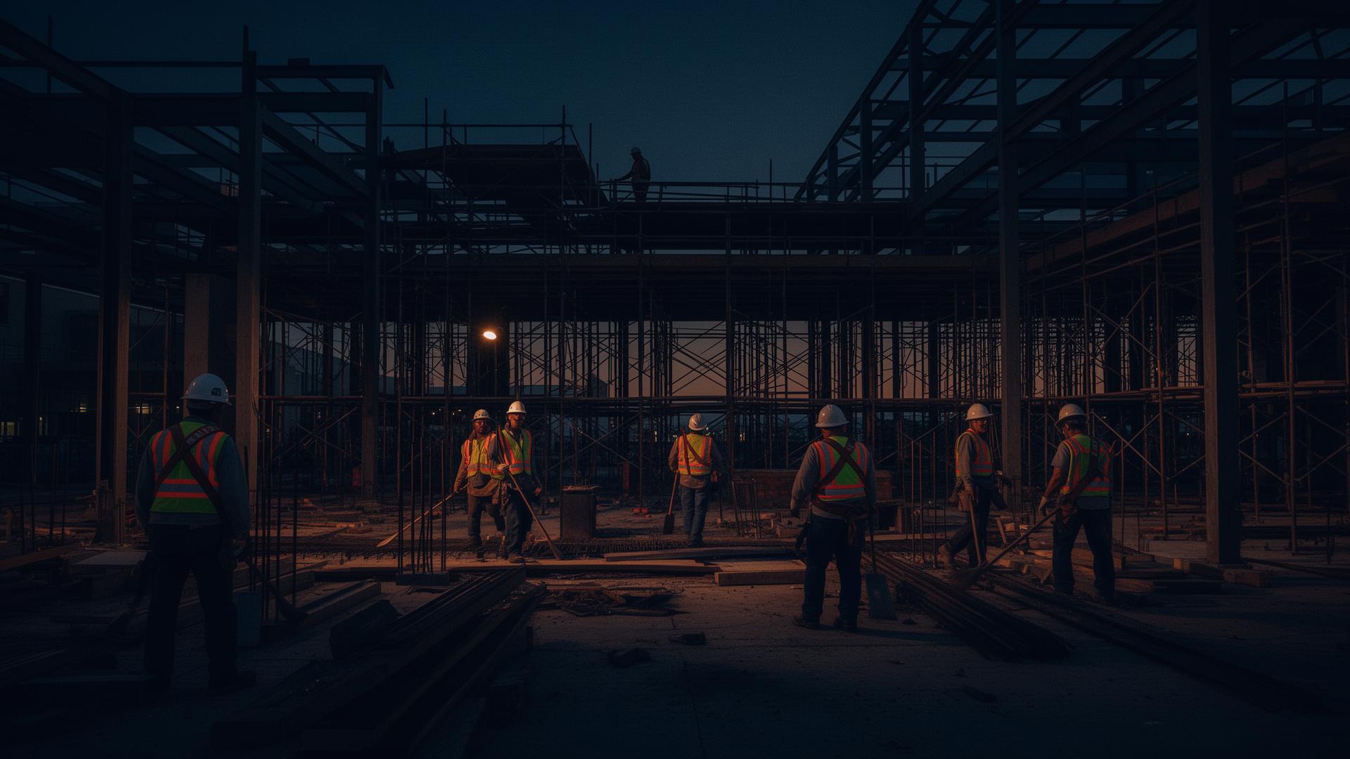 Blueprints and tablet resting on a steel beam at a jobsite