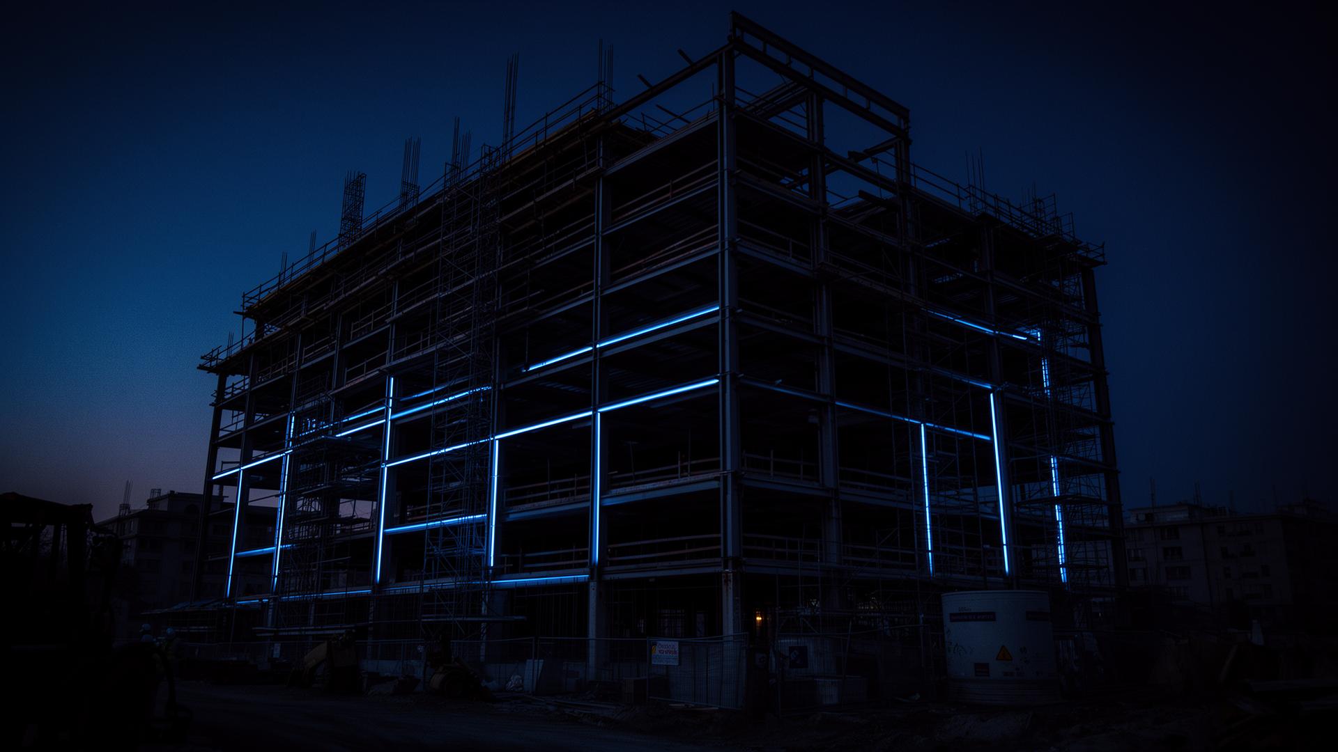 Steel-frame construction project at dusk